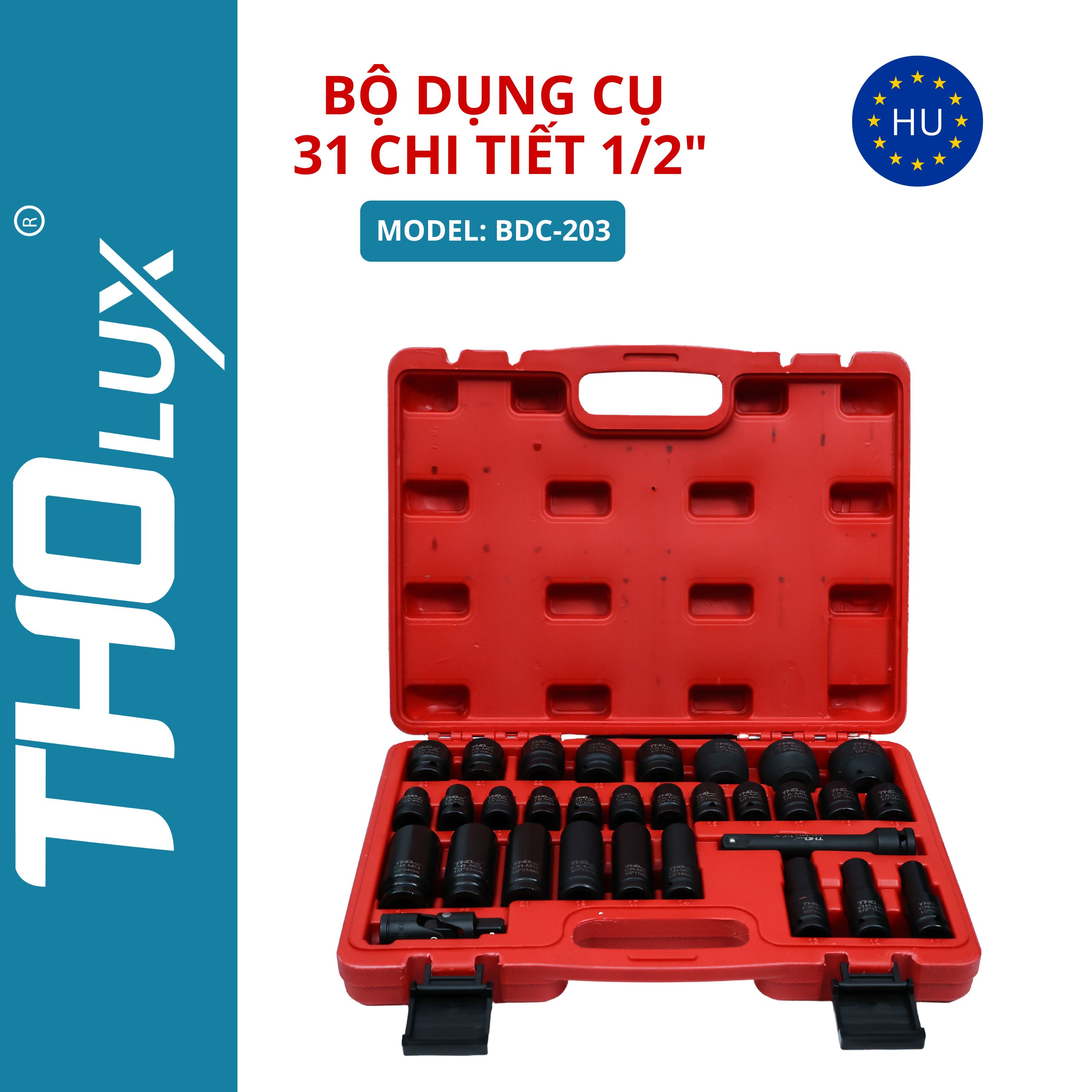 Bộ dụng cụ 31 chit tiết 1/2&quot; Bộ khẩu tuýp vặn ốc, mở bulong BDC-203 Tholux