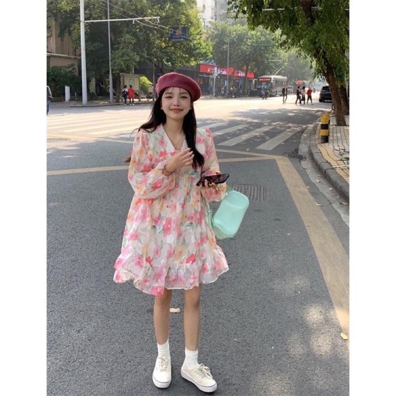 ĐẦM BABYDOLL TAY DÀI HOẠ TIẾT HOA PHONG CÁCH HÀN QUỐC