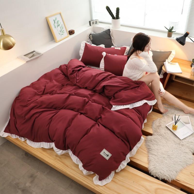 Bộ Chăn Ga Gối Cotton Đũi Viền Bèo - Đỏ Viền Trắng