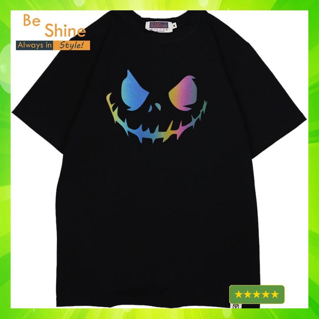 Áo Thun Unisex Form Rộng Hình Icon Khâu Miệng Phản Quang Bảy Màu , Áo Phông Basic Cotton Cổ Tròn Tay Ngắn Thời Trang