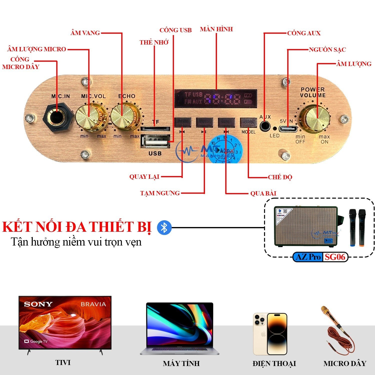 Loa Xách Tay AZPro SG06 - Đỉnh Cao Âm Thanh Cao Cấp Giá Rẻ, Tặng Kèm 2 Micro Không Dây và Chống Lăn. Hàng chính hãng