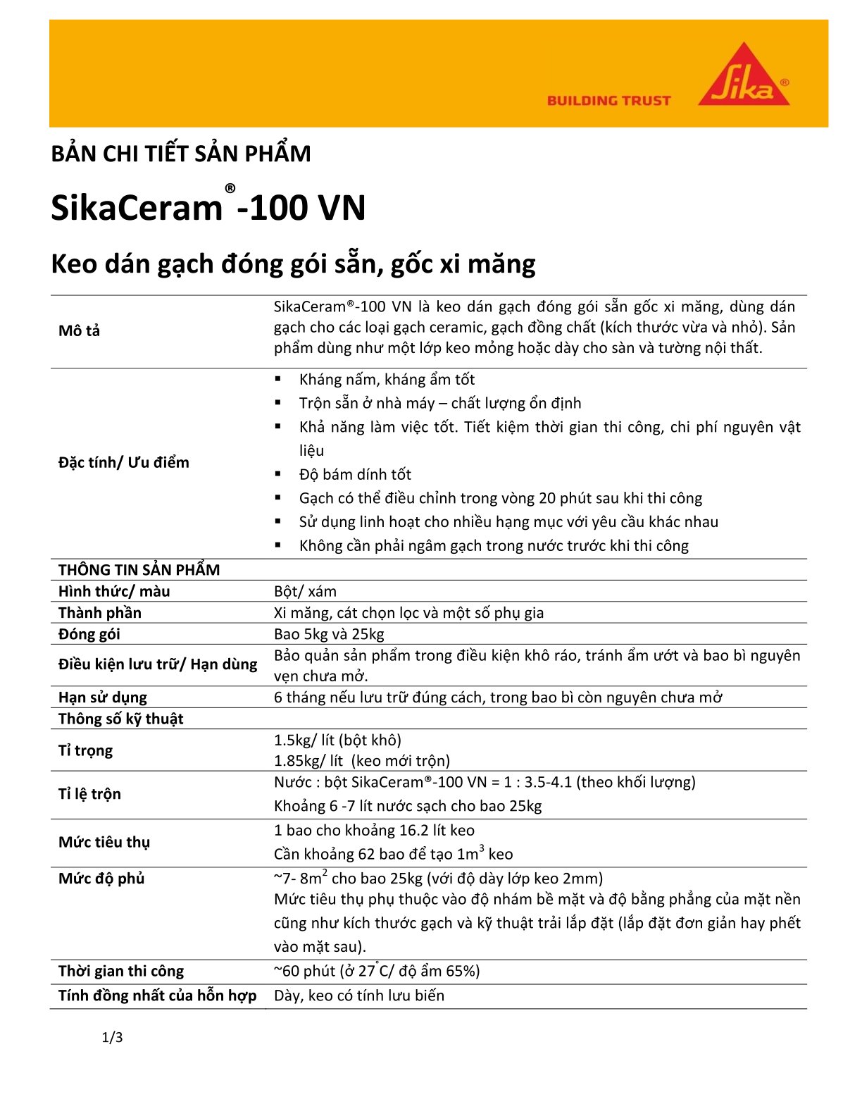 Keo dán gạch SikaCeram 100VN – Bám dính tốt, kháng nấm, kháng ẩm - 25kg