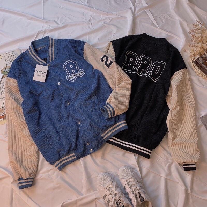Áo khoác bomber chất nhung tăm unisex, Áo jacket varsity nhung nam nữ thêu chữ  BRO
