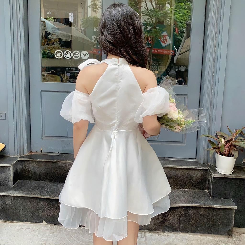 Đầm xòe tầng khoét vai cột nơ tay phồng