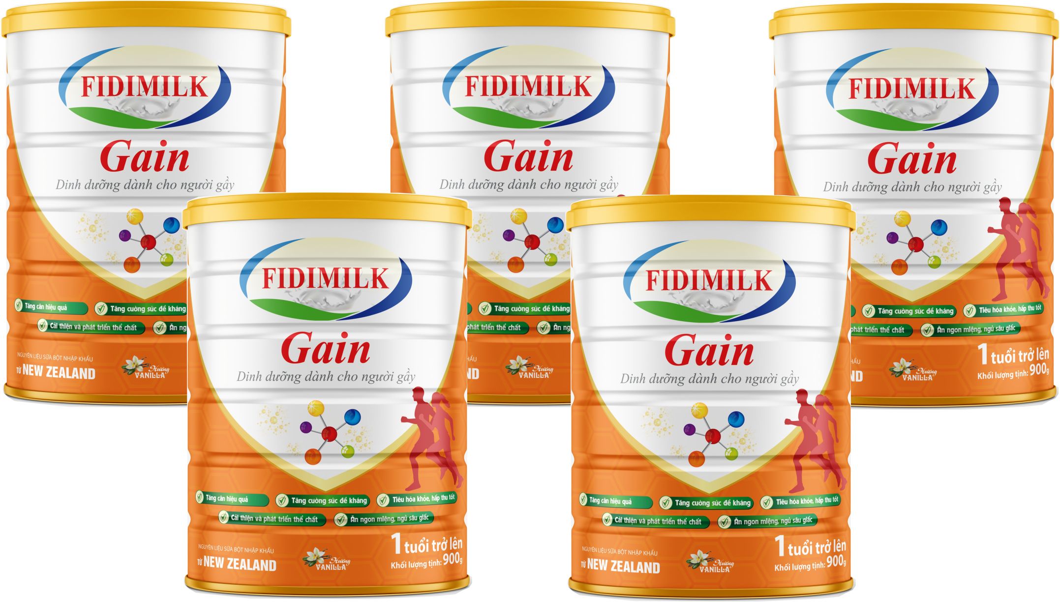 Combo 5 lon Sữa công thức FIDIMILK GAIN GOLD lon 900g - Dinh dưỡng cao cấp dành cho người gầy từ 1 - 18 tuổi.