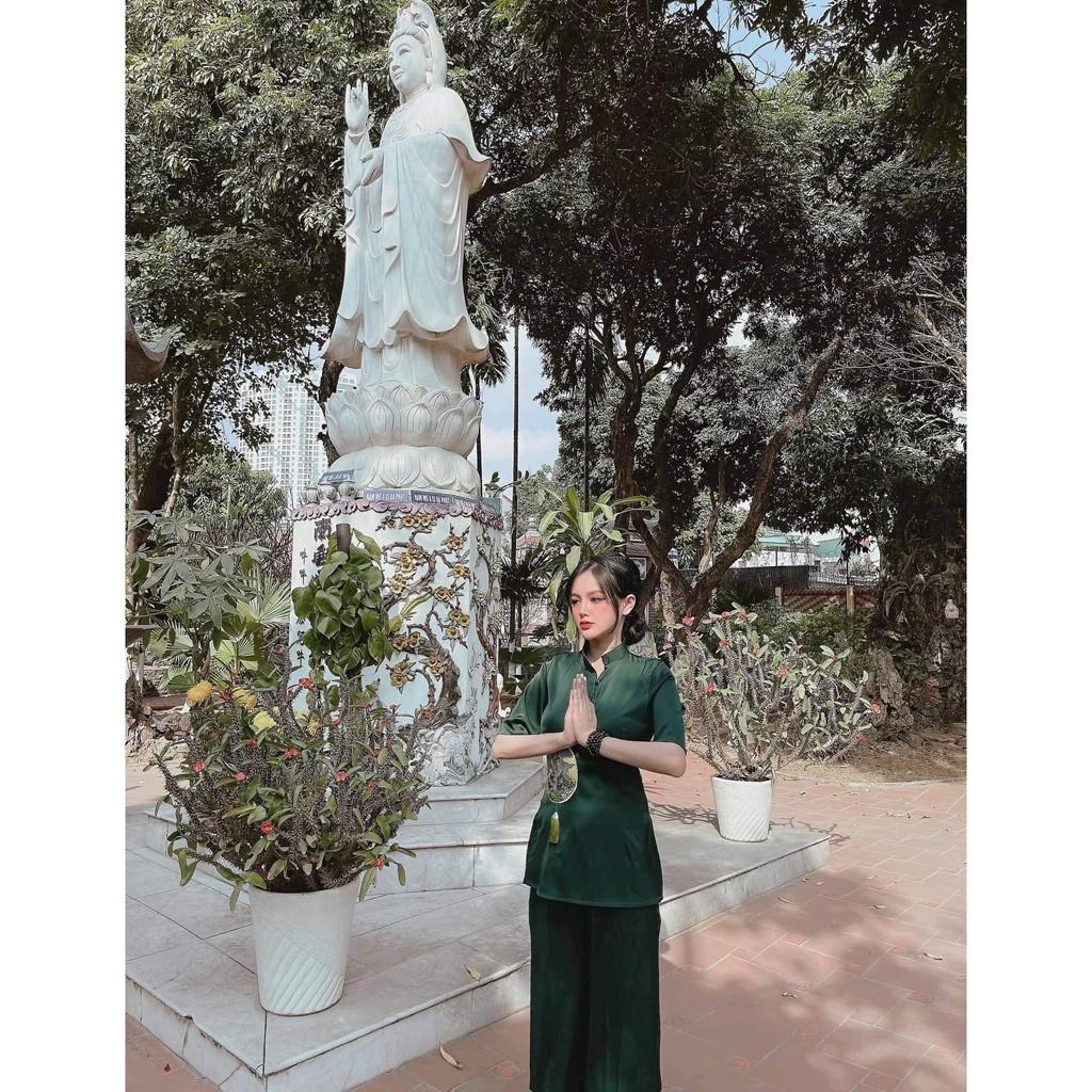 Bộ Đi Lễ Chùa - Đồ Lam Nữ Đi Chùa Đẹp Cao Cấp Trang Nhã Vải Lụa Hoa Nổi 2021 Dành Cho Phật Tử AL001