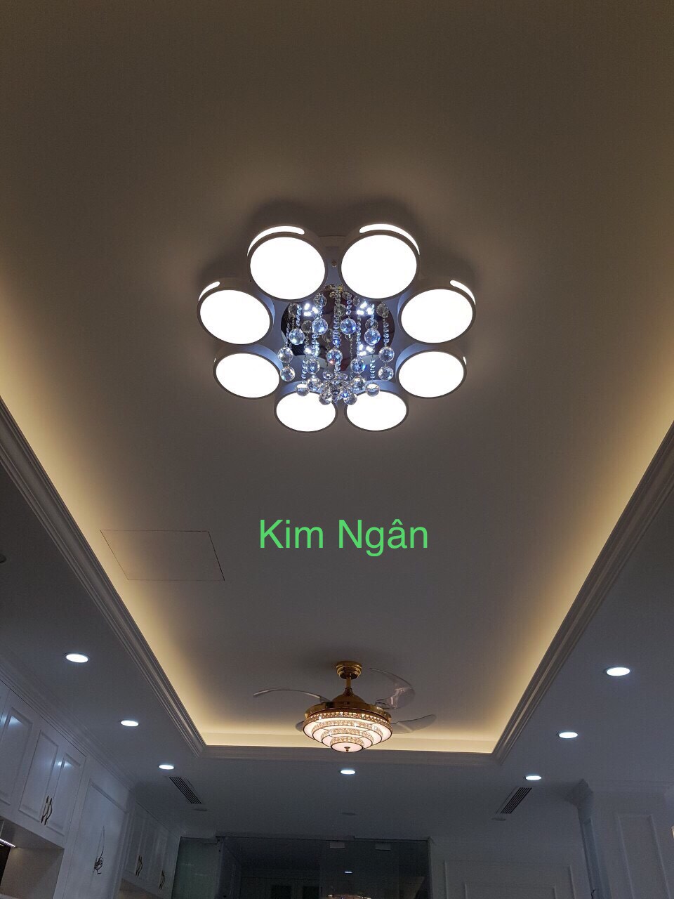 Đèn chùm mâm pha lê led Aluwin 8 cánh tròn 3 màu, điều khiển từ xa