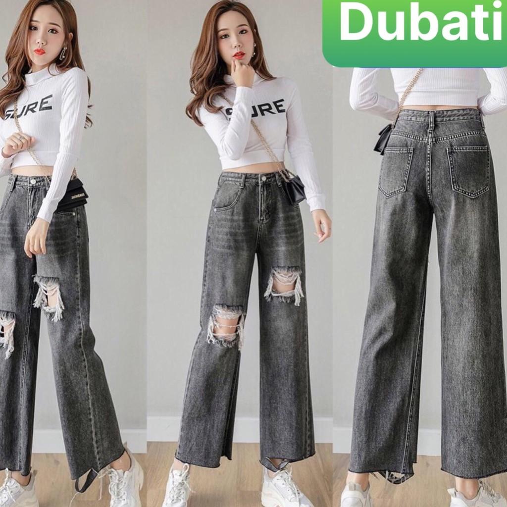 QUẦN BAGGY JEAN NỮ CẠP RÁCH ỐNG RỘNG LOE LƯNG CAO NÂNG MÔNG CAO CẤP XÁM TRO 102 - DUBATI FASHION