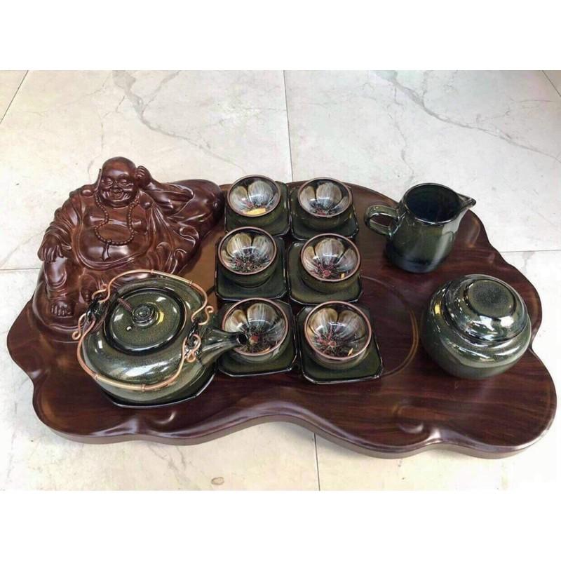 Bộ ấm trà men hỏa biến, lòng chén vẽ hoa. Gốm Bát Tràng cao cấp.