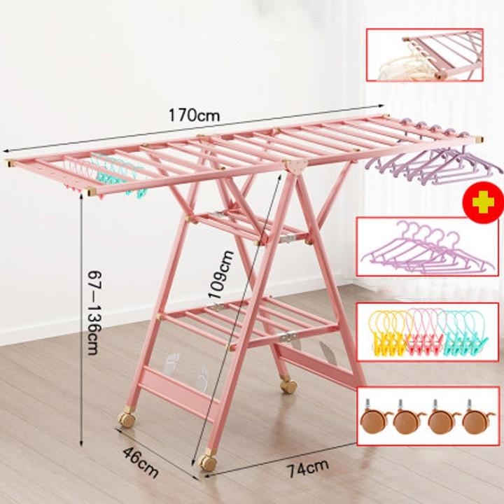 Giàn phơi quần áo thông minh  cải tiến Bánh Xe, cây gấp gọn, giá giàn phơi có quà tặng móc treo đồ