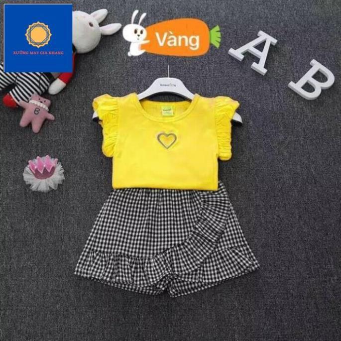 Áo thun cotton thêu trái tim + váy quần caro kate cho bé gái mặc dạo phố, shopping - Gia Khang