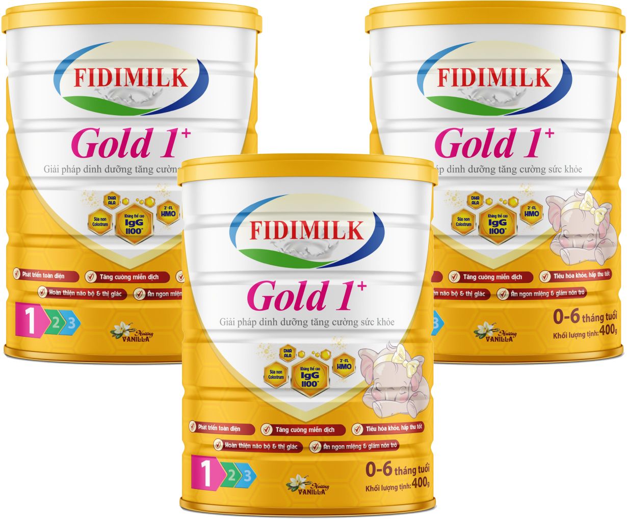 Combo 3 lon Sữa công thức FIDIMILK GOLD 1+ lon 400g - Dinh dưỡng phát triển toàn diện, Dành cho bé 0-6 tháng tuổi.