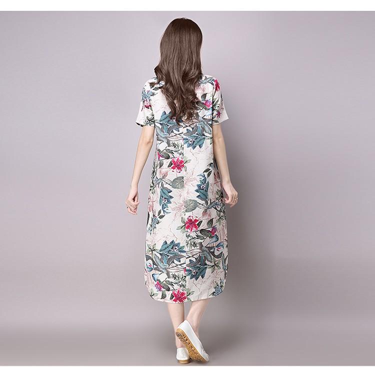 Đầm suông dáng dài họa tiết hoa lá, đầm đũi nữ 2 túi xẻ tà da143