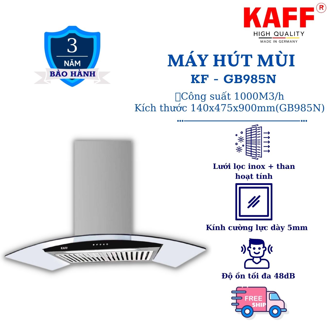 Máy hút mùi kính cong 900mm KAFF KF_GB983N Tặng bộ lọc than thay thế KAFF _ Hàng Chính Hãng