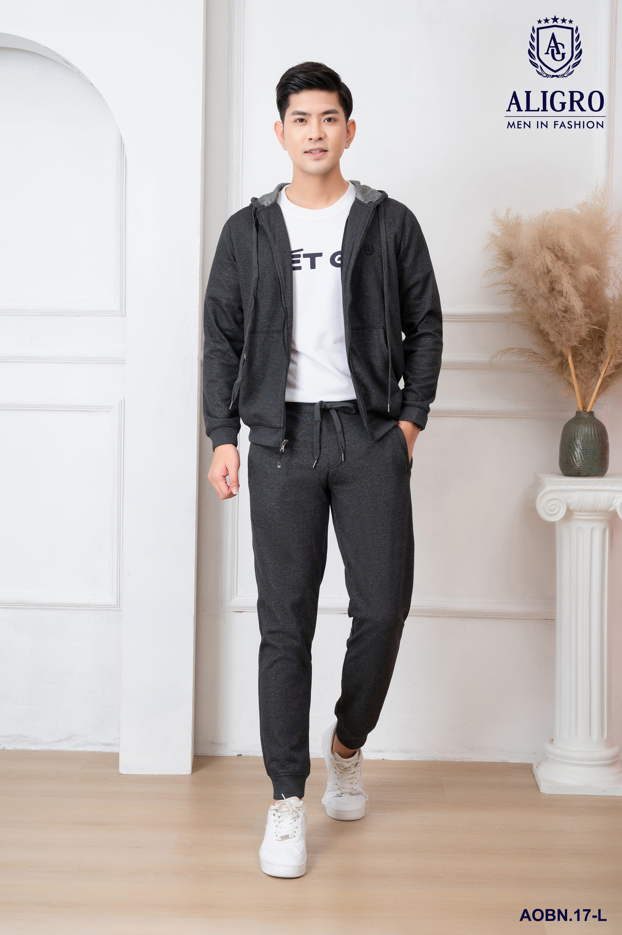 Bộ nỉ hoddie nam ALIGRO kéo khóa có mũ màu ghi đậm BN.17