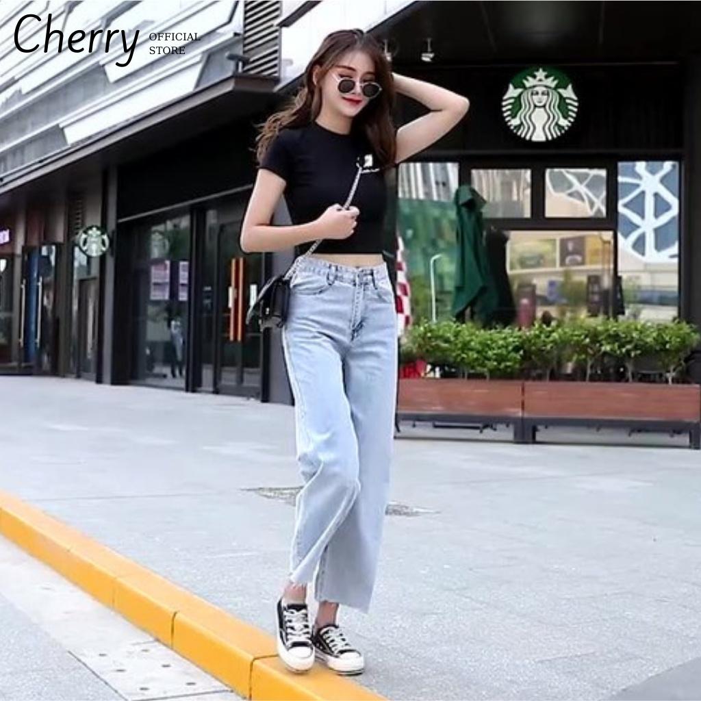 Quần jean nữ ống rộng lưng cao dáng lửng ngắn phong cách Hàn Quốc CHERRY, quần bò nữ ống đứng lửng bigsize cạp cao T038