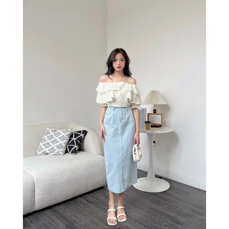 Chân váy jean bò nữ v238806 suông dáng dài cạp cao germe