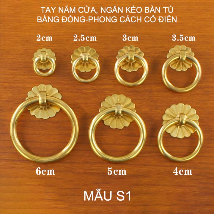 01 Tay nắm ngăn kéo bàn, cánh tủ phong cách cổ điển Vintage, làm bằng đồng, mẫu S1