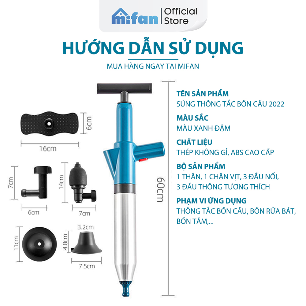 Dụng Cụ Thông Tắc Bồn Cầu, Chậu Rửa Bát, Bồn Tắm MIFAN - Mẫu Mới 2021 - Khí Nén AGT Cực Mạnh 8kg - Nhựa ABS Cao Cấp - HÀNG CHÍNH HÃNG