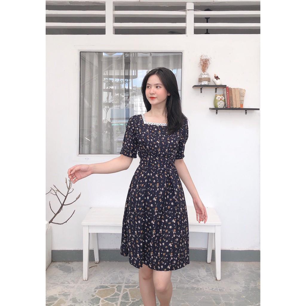 ĐẦM HOA NHÍ XANH ĐẬM CỔ VUÔNG DÁNG XÒE TAY NGẮN-hình thật shop chụp