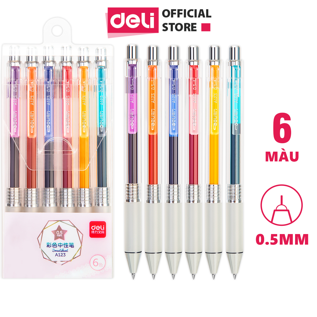 Set bút bi gel nhiều màu Deli - Có đệm tay - 6 màu - A123