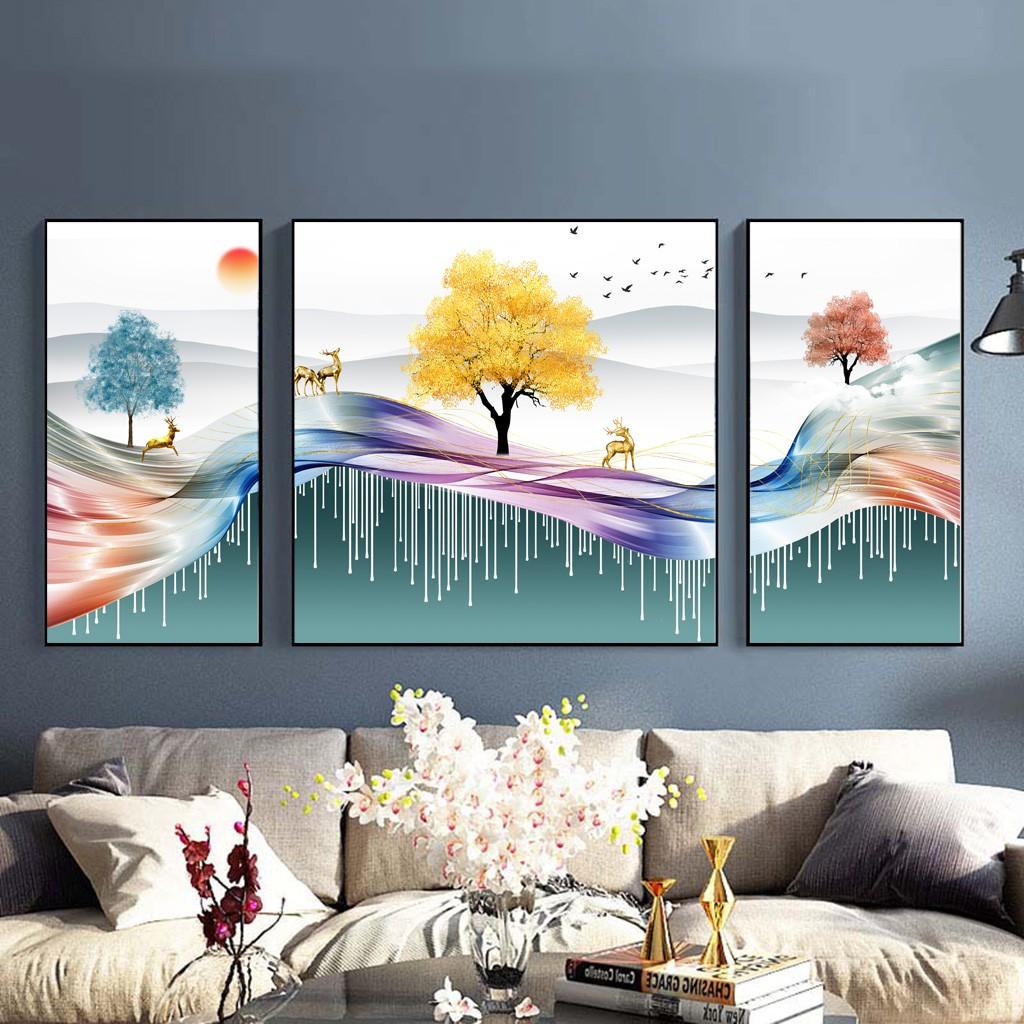 Bộ ba tranh tráng gương cao cấp, tranh phủ gương hươu vàng trên dải ngân hà