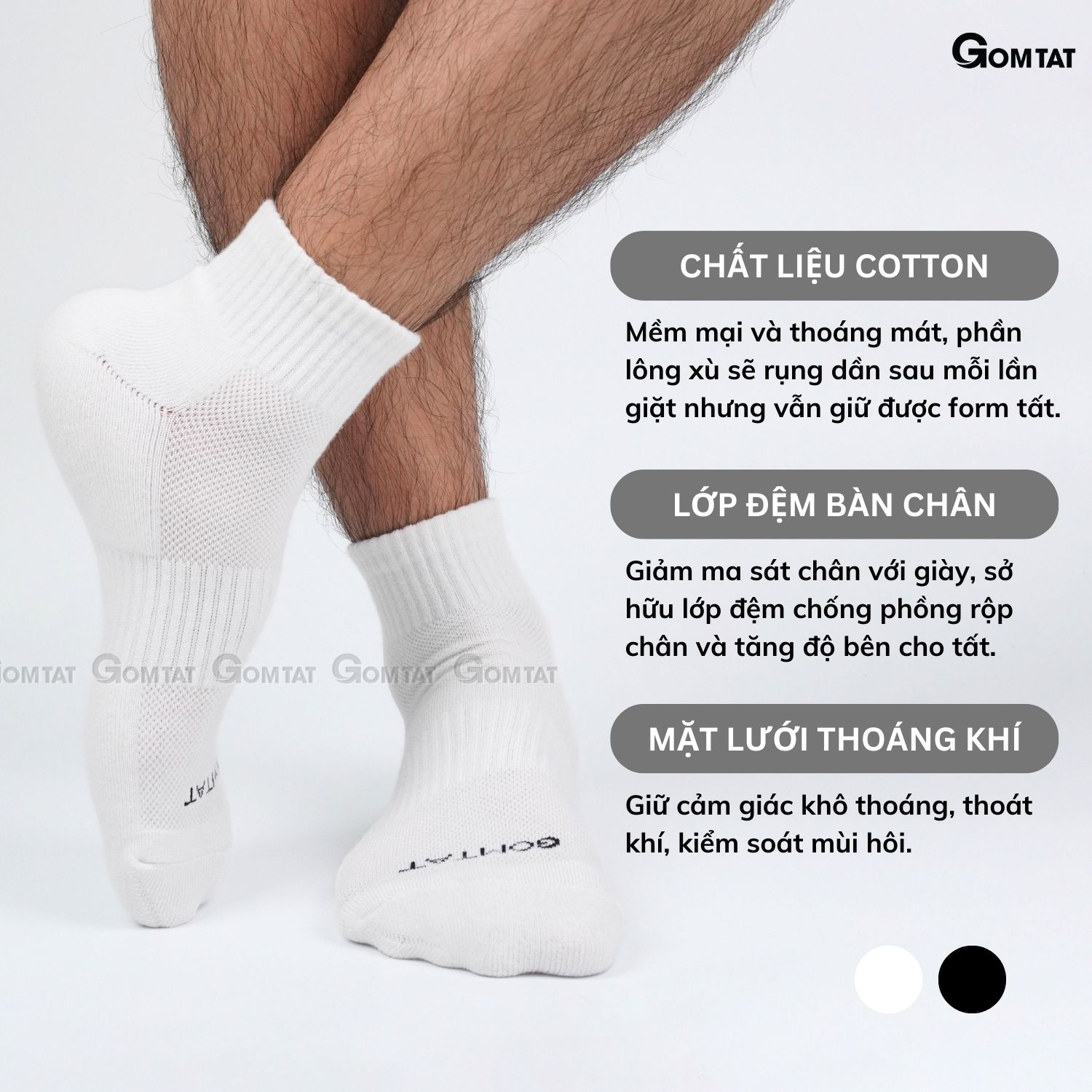 Combo 5 đôi vớ cổ ngắn nam nữ GOMTAT, chất liệu cotton hút ẩm khử mùi, có đệm xù êm chân - NGAN-STA-5009-NGAN-CB5