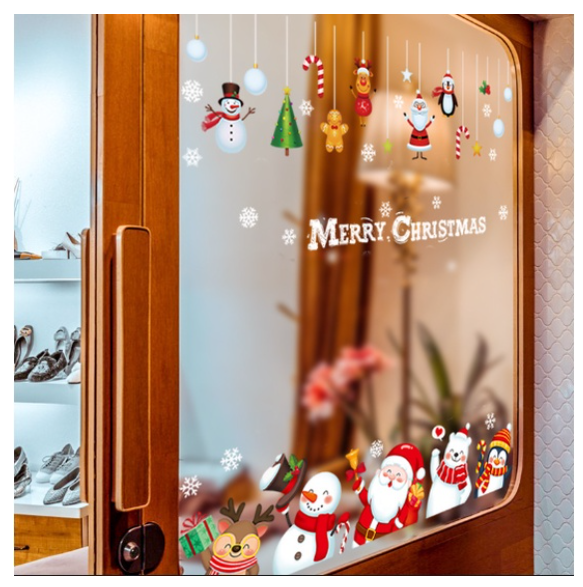 Decal trang trí Noel - Rèm dây ông già Noel và những người bạn phát quà