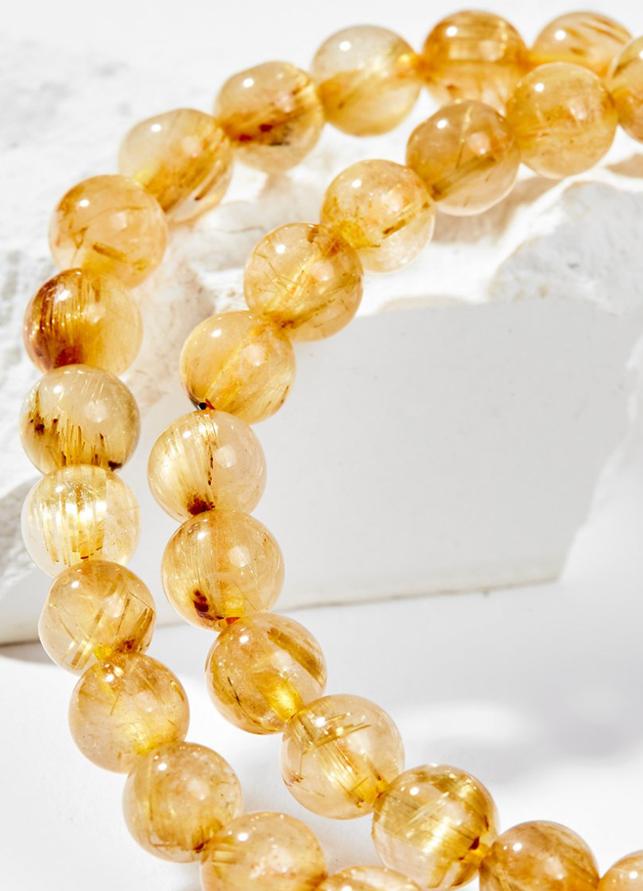 Vòng Chuỗi Hạt Đeo Tay 2 Lines Đá Thạch Anh Tóc Vàng Phối Charm Bạc Mệnh Thổ, Kim Ngọc Quý Gemstones