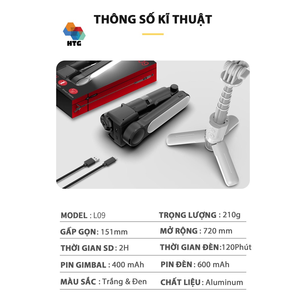 Gậy Tự Sướng Chống Rung L09 Có Đèn LED Kiểu Gimbal Tripod Dùng Cho Điện Thoại, Selfie Chụp Ảnh Bằng Remote Bluetooth 4.0