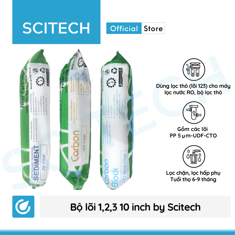 Bộ lõi số 1,2,3 10 inch by Scitech - Dùng cho máy lọc nước RO, bộ lọc thô - Hàng chính hãng