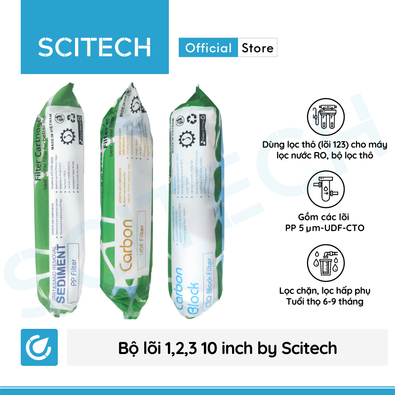 Bộ lõi số 1,2,3 10 inch by Scitech (Lõi PP-UDF-CTO) - Dùng cho máy lọc nước RO, bộ lọc thô - Hàng chính hãng