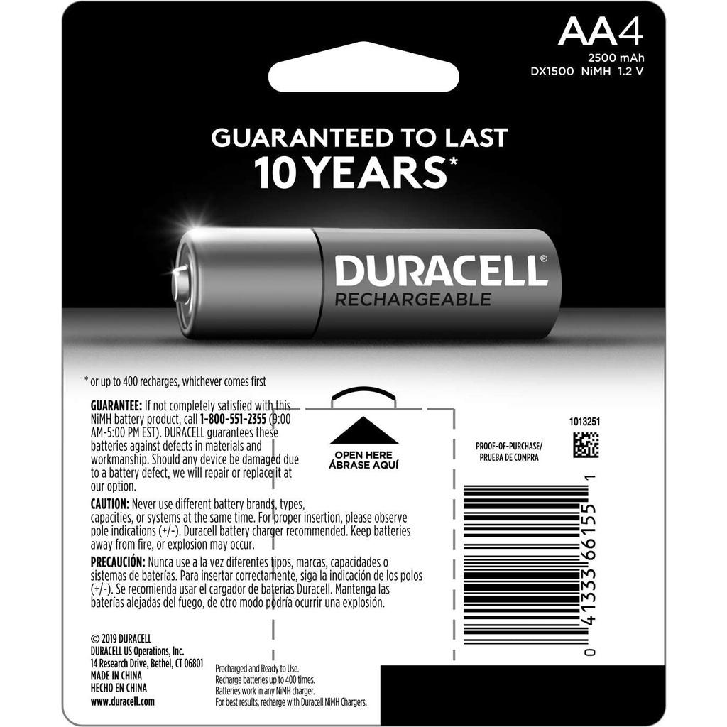 VỈ 4 PIN SẠC AA Duracell - Rechargeable AA Batteries - long lasting, all-purpose Double A battery, SẠC ĐẾN 400 LẦN