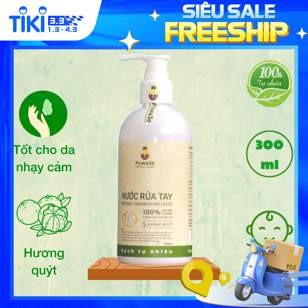 Nước rửa tay hữu cơ Fuwa3e mùi tinh dầu quýt từ chế phẩm Enzyme sinh học 300ml