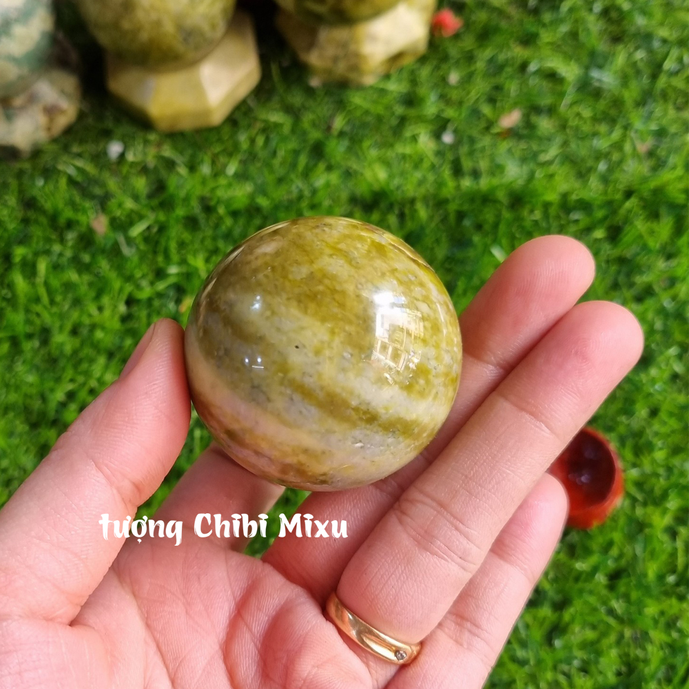 Bi cầu phong thủy đá Serpentine xanh cốm 4.5-5cm cho người mệnh Mộc và Hỏa đá Việt Nam