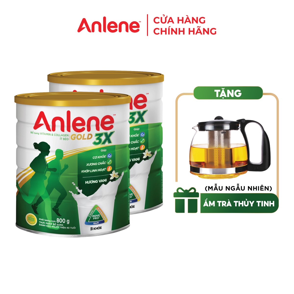 Combo 2 Sữa Bột Anlene Gold 3X Hương Vanilla (Hộp thiếc 800g) - Tặng ấm trà (mẫu ngẫu nhiên)