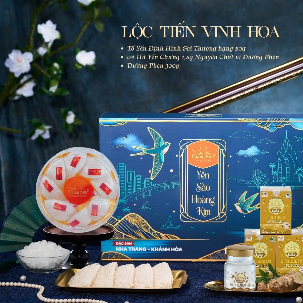 [CHÍNH HÃNG] Yến Sào Hoàng Kim -  Lộc Tiến Vinh Hoa (50g Tinh Chế Sợi Thượng Hạng &amp; 4 Hũ Yến Chưng ) - Quà Tặng Đối Tác Cao Cấp