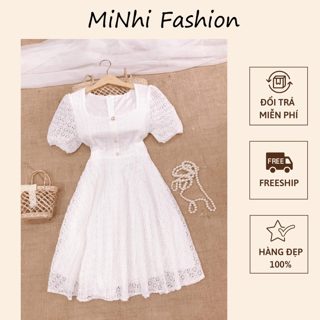 Đầm dự tiệc màu trắng Cao Cấp chất liệu ren, tay phòng dáng xòe chữ A sang trọng - MiNhi