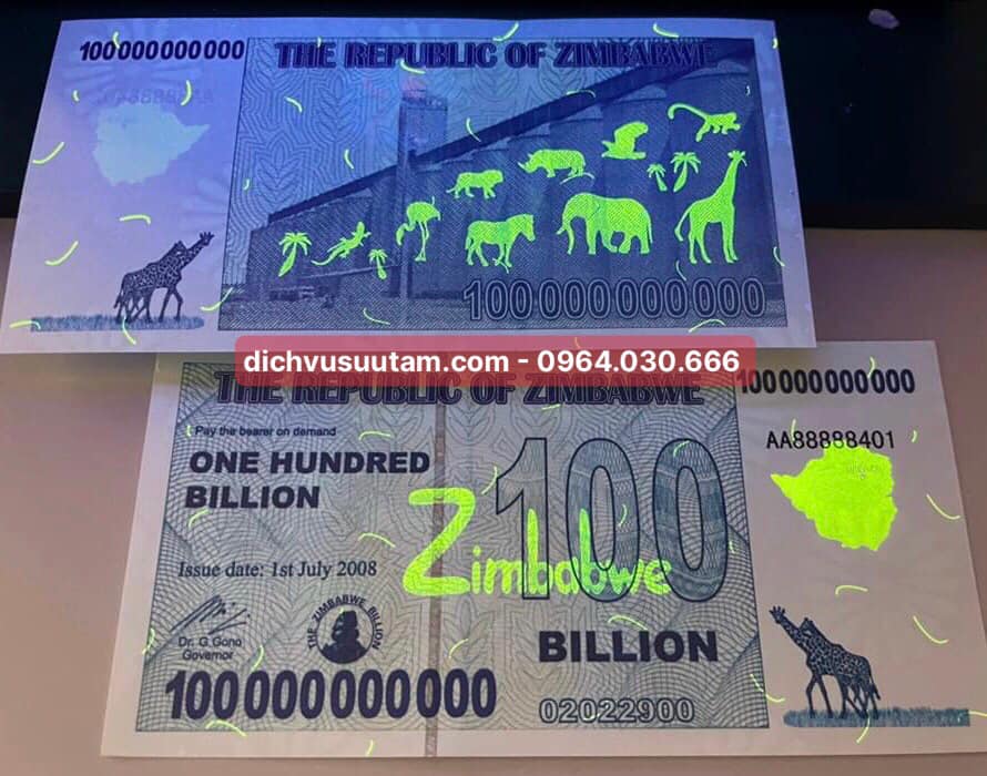 Tiền làm phát 100 triệu dollars Zimbabwe lưu niệm phát quang khi chiếu đèn cực tím