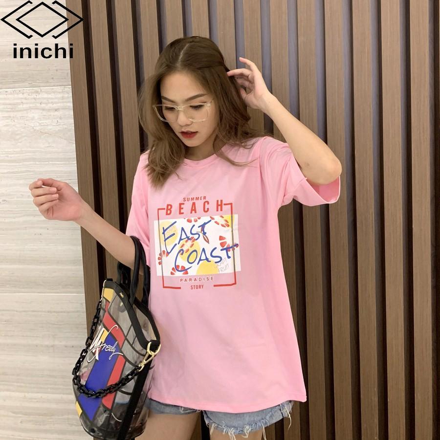 Áo thun tay lỡ INICHI phong cách Unisex nam nữ cá tính in chữ BEACH - A657 màu hồng