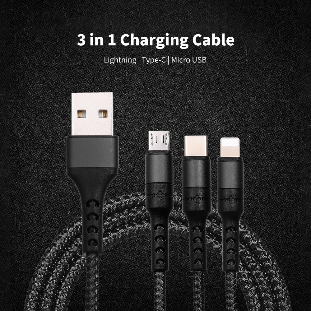 Cáp sạc 3 trong 1 có Micro USB / Type-c Thay thế cho iPhone Xiaomi Huawei Samsung bện 1.2M