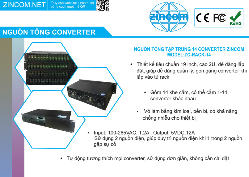 Khung Nguồn tổng 14 khe cắm. Hàng chính hãng ZINCOM. Model: ZC-RACK-14