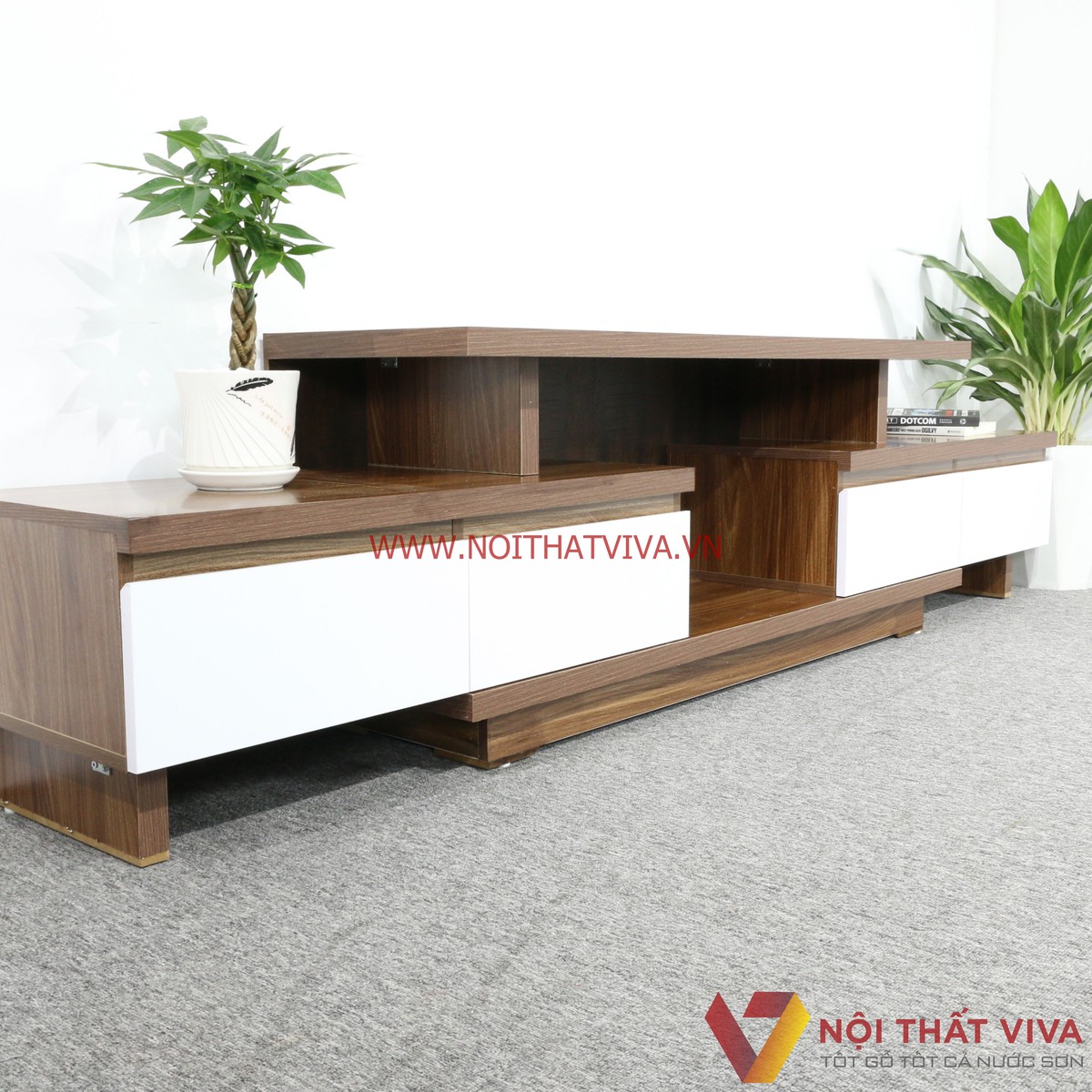Kệ Tivi Thông Minh Gỗ MDF Melamine Màu Óc Chó Cánh Trắng Đẹp Hiện Đại