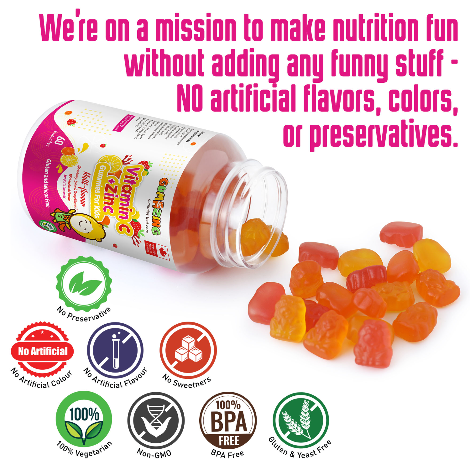 Kẹo dẻo dinh dưỡng Gumazing Gummy Vitamin C & Kẽm hương trái cây cho bé, thuần chay và không đường, tăng cường hệ miễn dịch - 60 viên/hủ