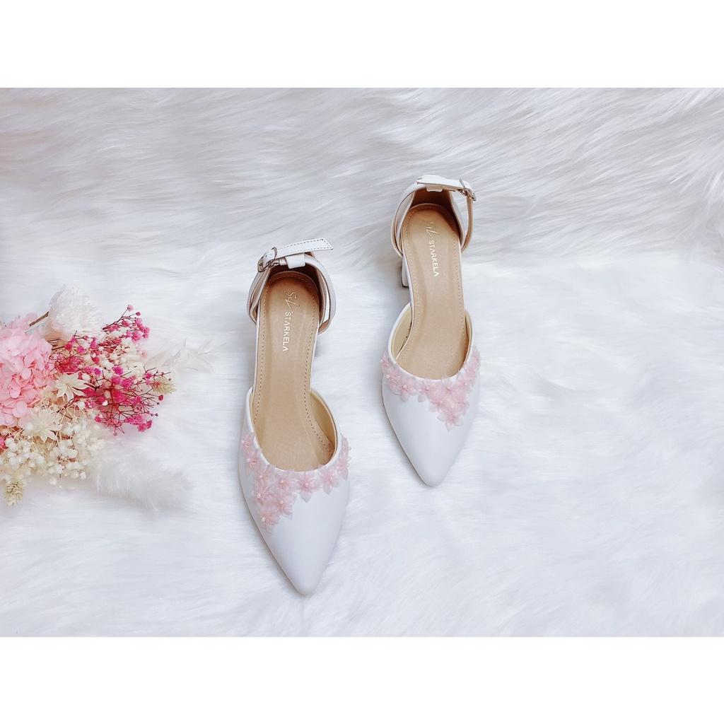 Giày thời trang cao gót 7p, giày cưới thiết kế hoa nhí hồng