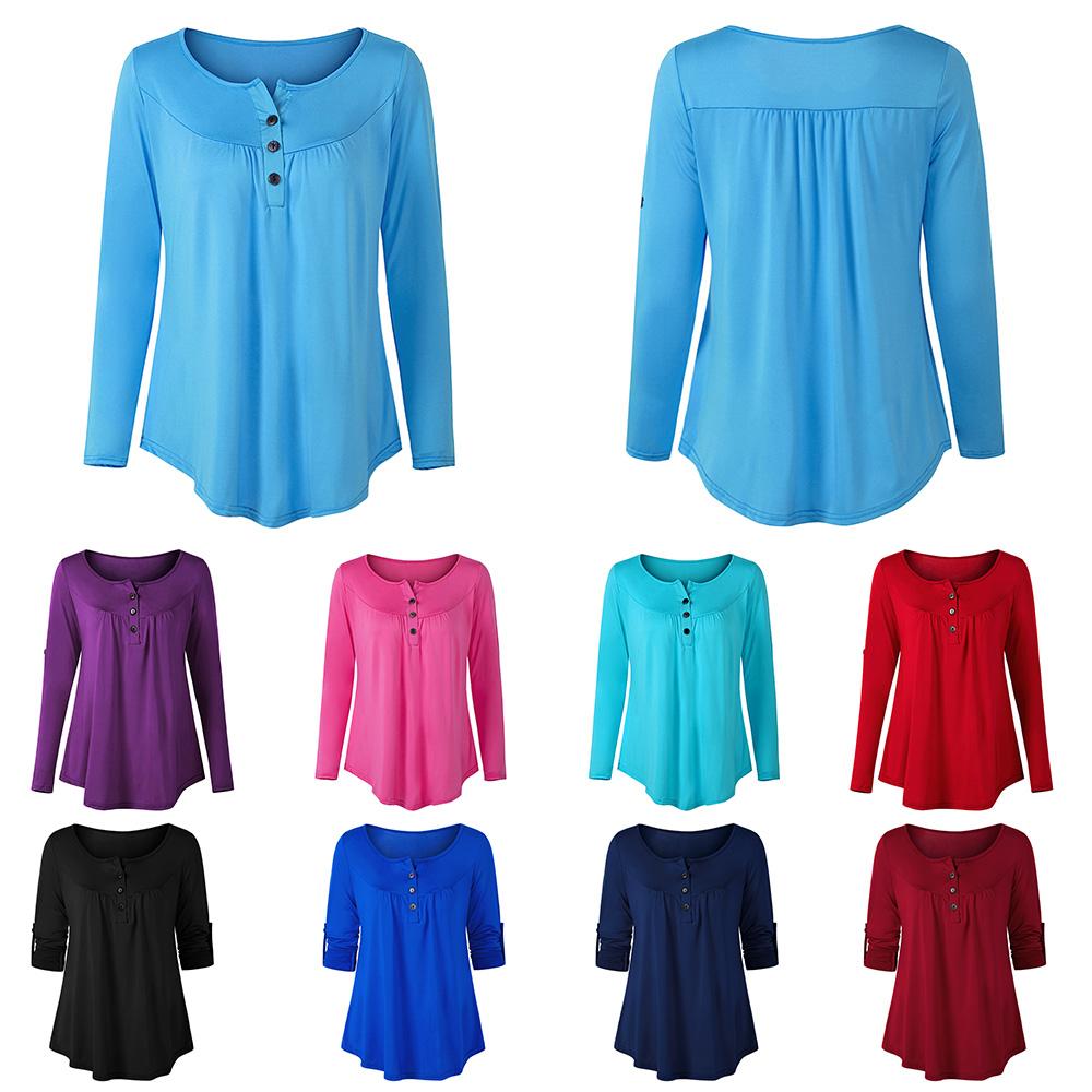 Women Plus Size T-shirt Long Sleeves Buttons Pleated Solid Blouse Casual Tops M-5XL for Lounging Streets Holiday