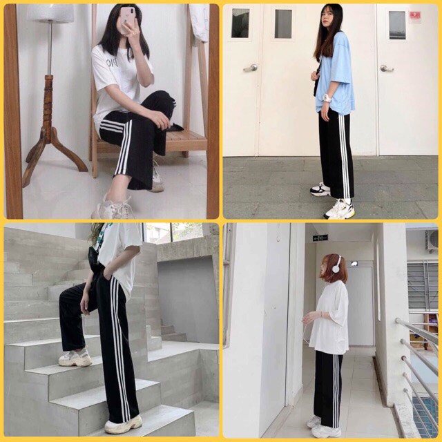 Quần ống rộng nữ 3 sọc kẻ thời trang nữ