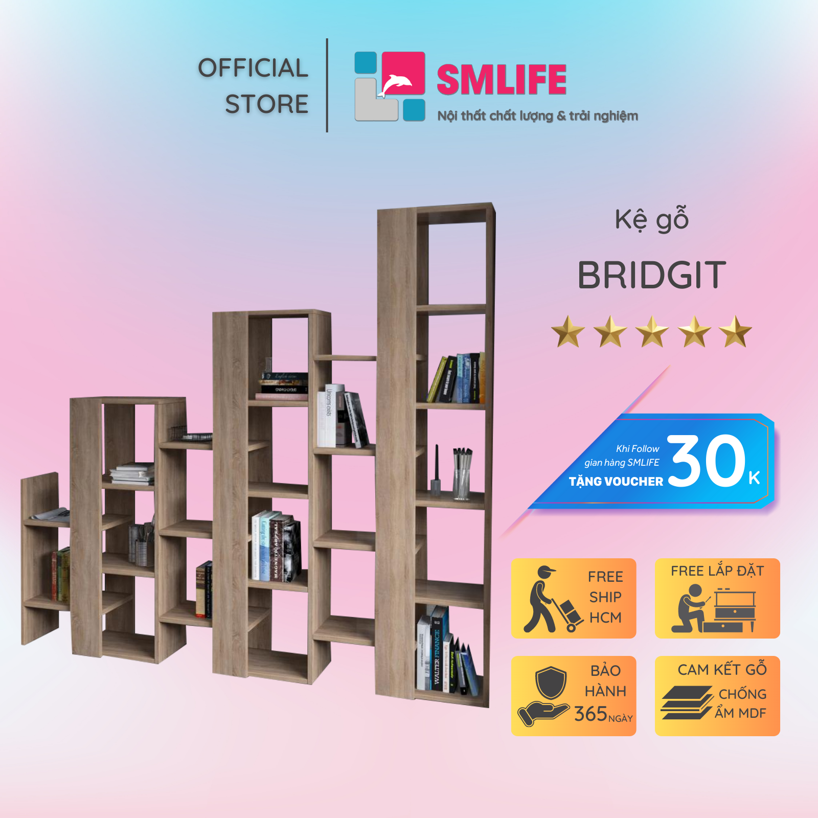 Kệ sách gỗ hiện đại SMLIFE Bridgit  | Gỗ MDF dày 17mm chống ẩm | D167xR300xC160cm