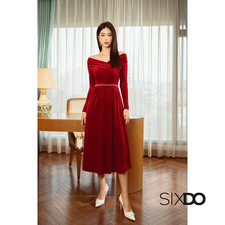 Đầm trễ vai nhung sang trọng SIXDO ( không kèm belt