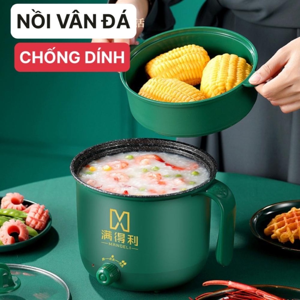 Nồi Lẩu Điện Đa Năng Mini Ca Nấu Mì, Cơm Đa Năng 2 Tầng Kèm Xửng hấp Cao Cấp Núm Xoay 2 Nấc Nhiệt Kèm Giá Hấp 1,8L Hàng Chính Hãng OnionDecor